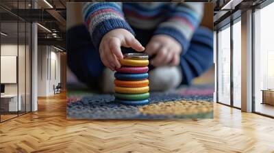 Child s hand playing with colorful stacking toy Wall mural