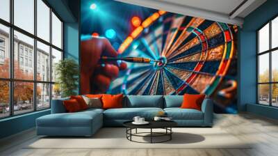 Close Up of a Dartboard with a Dart Hitting the Bullseye Wall mural