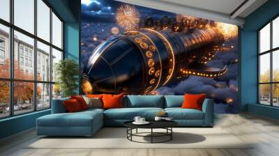 Futuristic Steampunk Airship Flying Above Clouds with Fireworks Wall mural