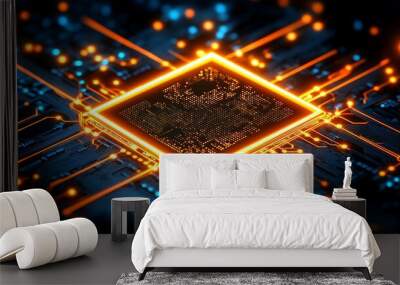 Glowing Circuit Board with Central Processing Unit Wall mural