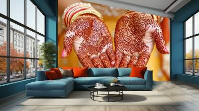 Intricate Henna Mehndi Design on Hands of Bride Wall mural