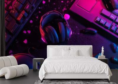 Neon Gaming Setup Headphones Keyboard Mouse RGB Lighting Wall mural