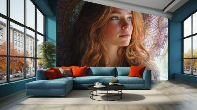 Portrait of a Young Woman with Long Red Hair and Freckles Wall mural