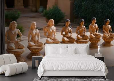 Seven Indian Goddess Statues in Meditation Pose on Pedestals Wall mural