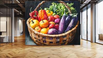 Watercolor Painting of Fresh Vegetables in a Basket Wall mural