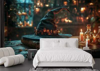 Witch s Hat  Spell Book  Candles  and Potion Bottles on a Wooden Table Wall mural