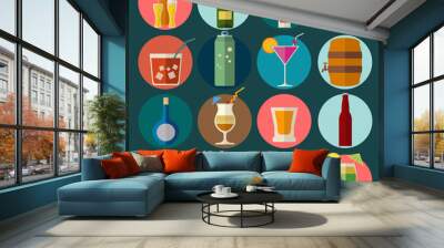 Alcohol drinks icons. 16 flat icons set Wall mural