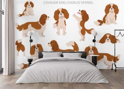 Cavalier King Charles spaniel clipart. Different poses, coat colors set Wall mural