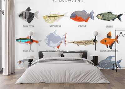 Characins fish. Freshwater aquarium fish icon set flat style isolated on white Wall mural