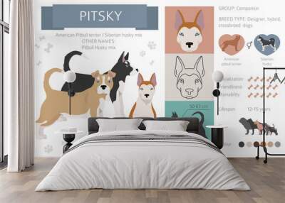 Designer dogs, crossbreed, hybrid mix pooches collection isolated on white. Pitsky flat style clipart infographic Wall mural