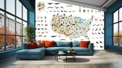 Flat design of USA wildlife. Animals, birds and plants constructor elements isolated on white set. Build your own geography infographics collection. Wall mural