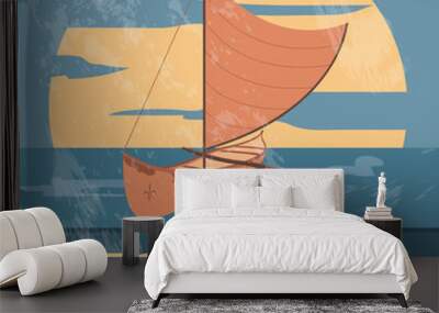 tokelau. polynesian canoeing. retro styled image. vector illustr Wall mural