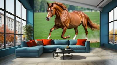 A horse gallops across a green field Wall mural