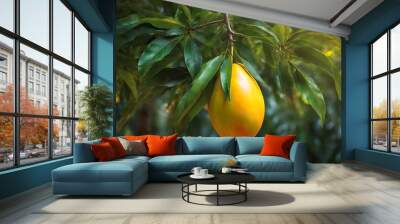 A ripe mango on a tree in a green garden Wall mural