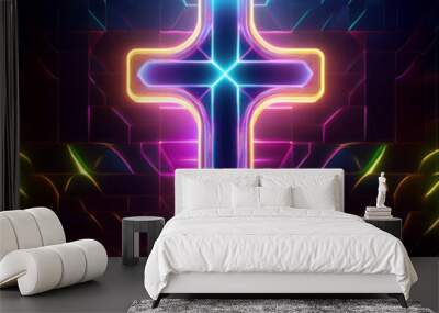 Cross neon light, on a dark background Wall mural