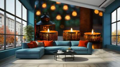 Glittering candles and lanterns on Diwali, symbolizing the victory of goodness Wall mural