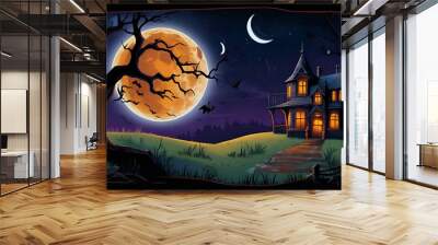 Halloween, bat scarecrow from a pumpkin, with the moon in the background. mystical picture Wall mural