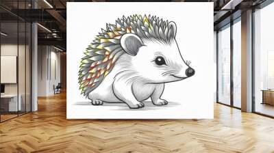 hedgehog sitting on the lawn, line art, coloring for kids, white background Wall mural