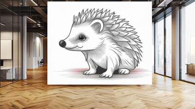 hedgehog sitting on the lawn, line art, coloring for kids, white background Wall mural