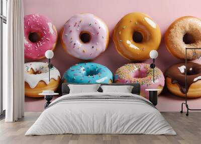 High-resolution classic American doughnuts with vibrant toppings on clean, minimalistic background. Wall mural