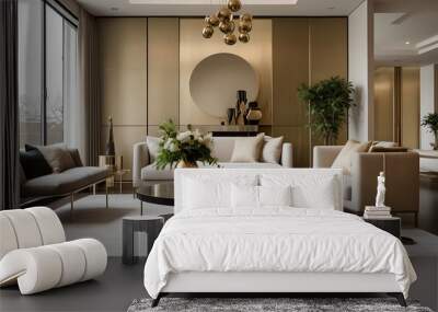 Luxurious, minimalist living room with beige sofa, gold accents, and natural light. Wall mural