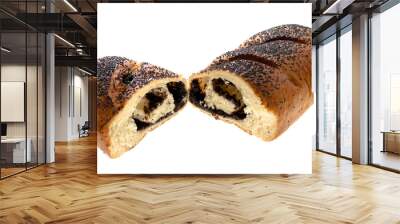 Ruddy bun with poppy seeds, roll cut into two pieces, on a white background in isolation Wall mural