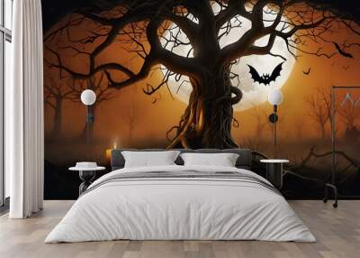 Spooky Halloween scene: foggy forest, glowing lantern, tombstones, eerie moonlight. Wall mural