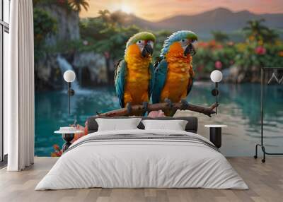 Two brightly colored parrots on a hibiscus branch by the azure lagoon at dawn Wall mural