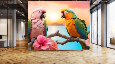 Two brightly colored parrots on a hibiscus branch by the azure lagoon at dawn Wall mural