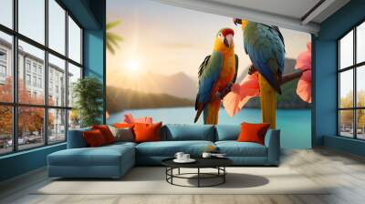 Two brightly colored parrots on a hibiscus branch by the azure lagoon at dawn Wall mural