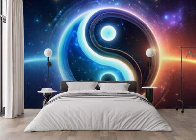 Yin and Yang, Neon light, on a dark background Wall mural