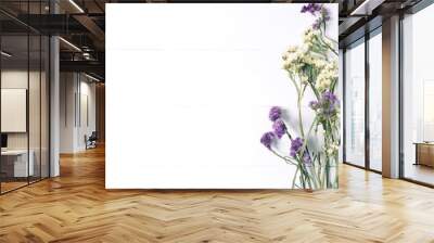 Bouquet of dried wild flowers on white table background  with natural wood vintage planks wooden texture top view horizontal, empty space for publicity information or advertising text Wall mural