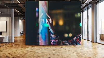 girl pointing finger to blank monitor display, hipster touch multimedia technology on light night city, click media lcd device, mockup screen information gadget Wall mural