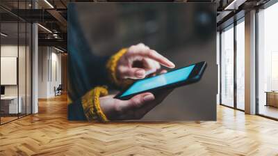 person point finger touch screen smartphone in night city, girls using in hands mobile phone closeup, online wi-fi internet, woman texting text message Wall mural