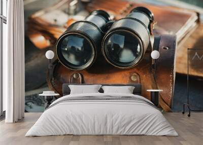 Vintage military binoculars, laying on the brown leather case on the wooden brown table. Wall mural