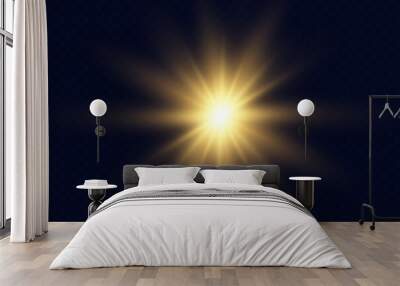 Gold glowing light burst explosion with transparent. Bright Star. Wall mural