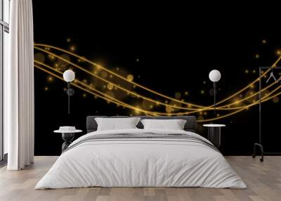 Light effect with glowing gold wavy lines and sparkles isolated Wall mural