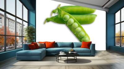 green pea pods with open pod and peas on white background Wall mural