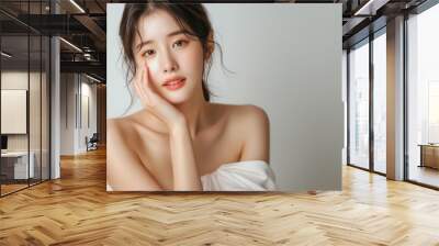 Beautiful young Asian woman, white, smooth, clean face. Studio atmosphere, advertising concept for cosmetics, spa, beauty clinic, Generative AI Wall mural