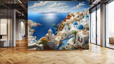 illustration papercut art landscapes The Santorini island of Greece, tourist attraction, Generative AI Wall mural