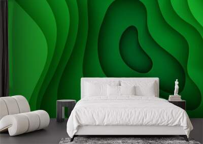 Abstract green background in paper cut style. 3d layout wallpaper cut out from cardboard. Modern template with abstract curve shapes. Vector environmental card with papercut waves for business poster. Wall mural