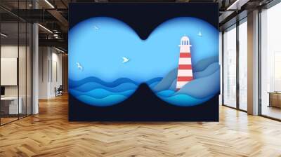 Binoculars viewfinder template. Realistic 3d illustration of transparent gradient lens and sea landscape. Vector card of view binoculars with soft blurry edges and ocean waves in paper cut style. Wall mural