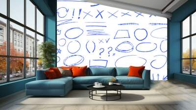 Blue underline pencil hand drawn various ellipses, punctuation marks, direction pointers, arrows, stars, question mark and exclamation point. Vector grunge blue strike through and underline elements. Wall mural