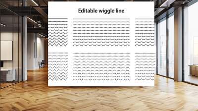 Editable wiggle lines. Set of wavy curves and zigzag intersecting horizontal strokes. Transition from a straight line to a wavy one. Geometric design elements for your projects. Vector illustration Wall mural