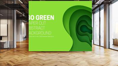 Go green abstract background in paper cut style. 3d layout wallpaper cut out from cardboard. Modern template with abstract curve shapes. Vector environmental card with papercut waves for eco poster. Wall mural