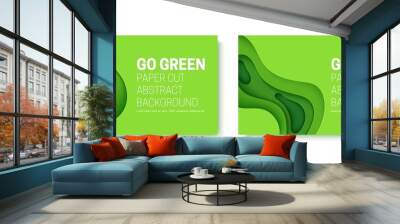 Go green abstract background in paper cut style. 3d layout wallpaper cut out from cardboard. Modern template with abstract curve shapes. Vector environmental card with papercut waves for eco poster. Wall mural