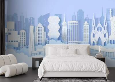 New York City panorama in paper cut style. Cut out silhouette skyscraper, Statue of Liberty in USA, business center from cardboard and clouds. Vector 3d famous landmarks of America Wall mural