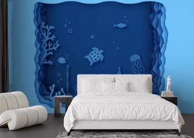 Paper cut butterfly fish, seahorse, moonfish, turtle, crab, octopus. Paper craft layered background under ocean cave with fishes coral reef seabed in algae waves. Vector sea marine life concept. Wall mural