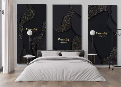 Set of three black paper cut 3d banners. Abstract realistic papercut wavy layers with golden sparkles. Vector illustration of vertical flyer layout template. Dark backdrop material design concept Wall mural