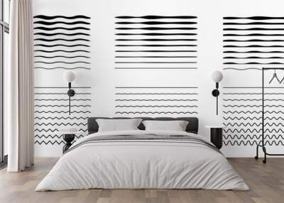 Set of wavy curves and zigzag intersecting horizontal strokes. Transition from a straight line to a wavy one. Black wiggle lines. Geometric design elements for your projects. Vector illustration. Wall mural